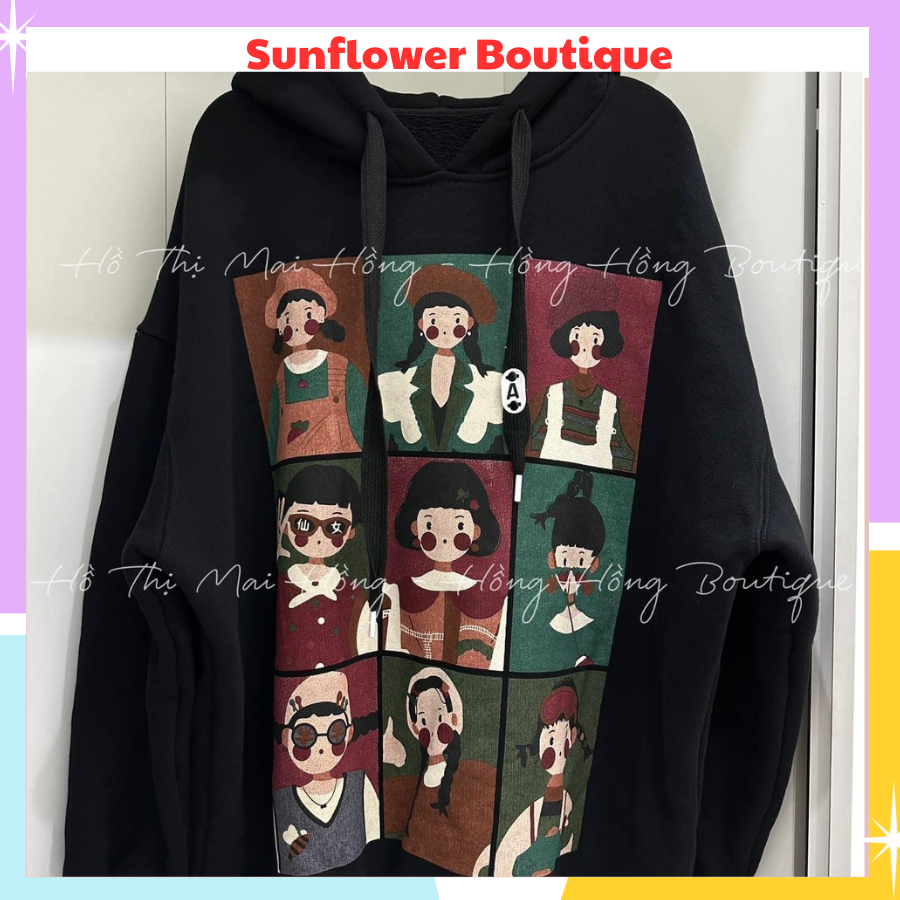 Áo hoodie in hình cô gái siêu dễ thương, áo khoác nỉ form rộng rãi mũ đội 2 lớp kèm dây rút siêu dày dặn, ấm áp