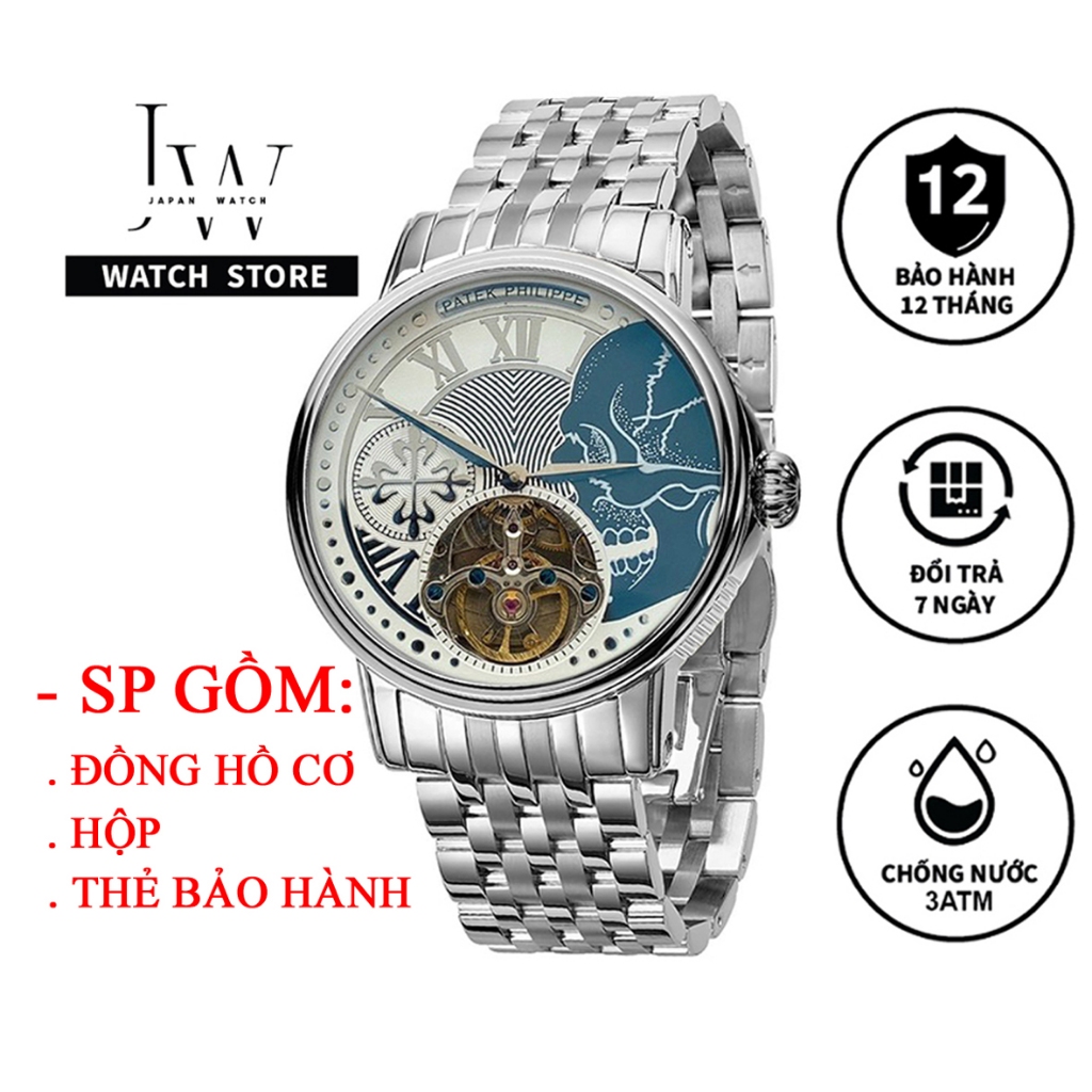 Đồng Hồ Nam Cơ Automatic Patek Philippe JAPAN WATCH Thiết Kế Lộ Cơ Dây Thép Cao Cấp Không Gỉ Bạc