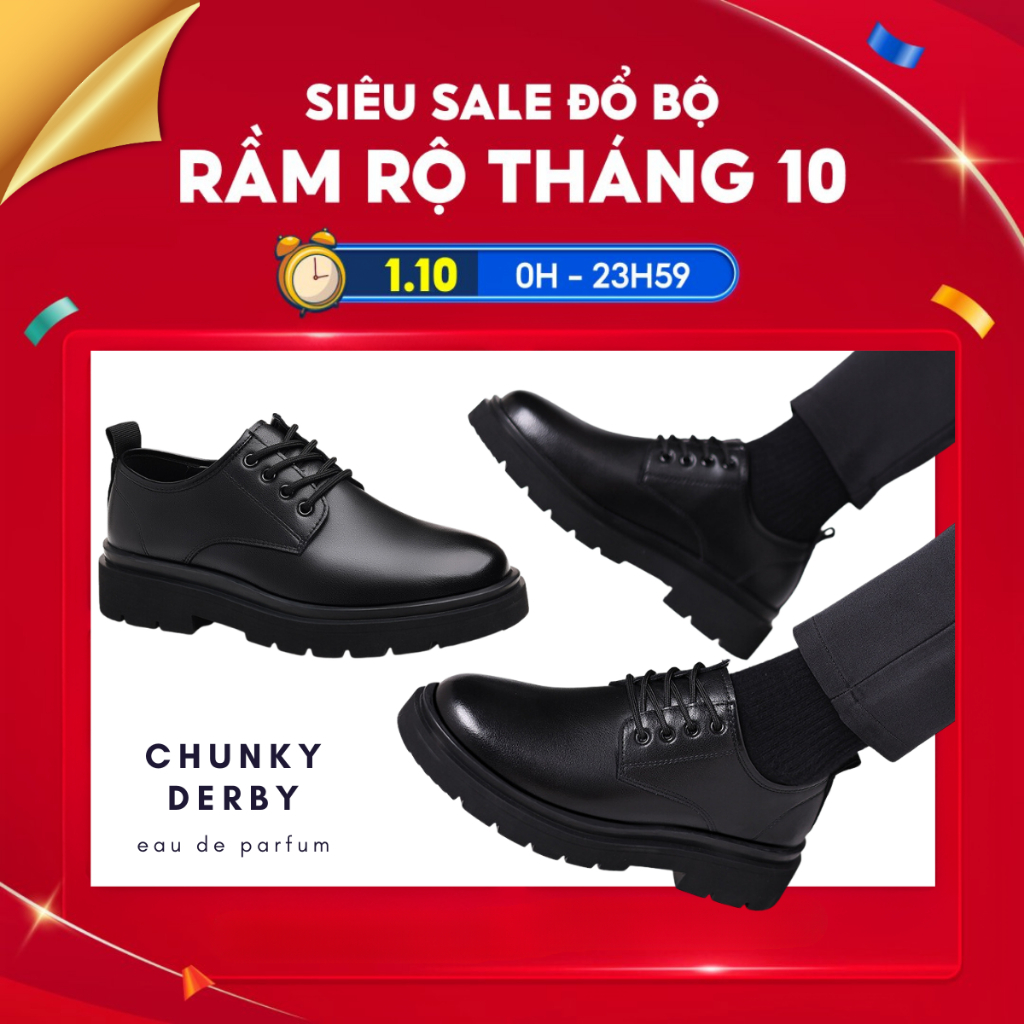 Giày Chunky derby tăng chiều cao phong cách công sở trẻ trung bằng da bò cao cấp đế khâu chăc chắn TRENDLUXE