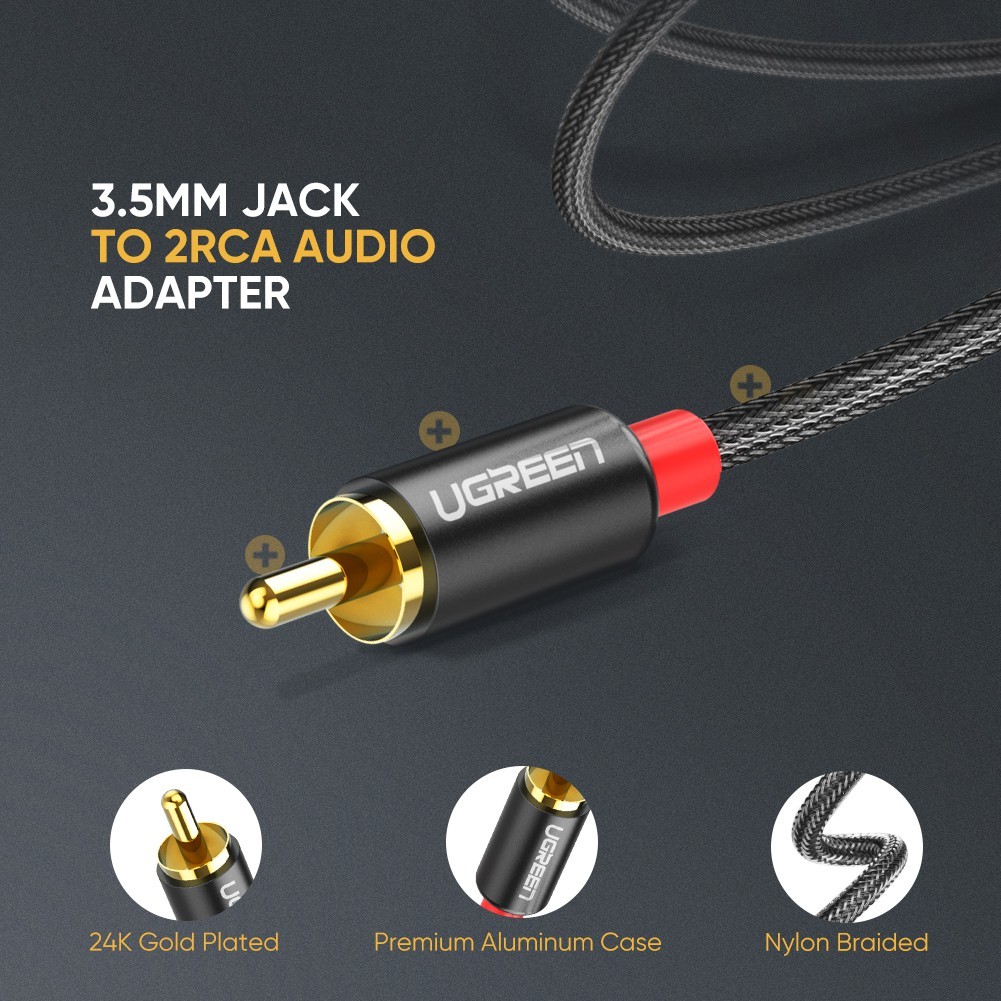 Dây Audio 3.5mm Ra 2 Đầu RCA  UGREEN 14K, Đầu mạ Vàng, Kết Nối Siêu Ổn Định, Bảo Hành 12 Tháng.