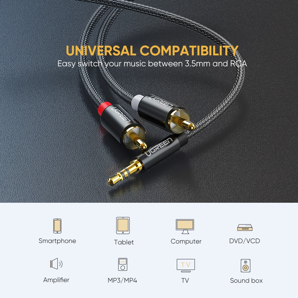 Dây Audio 3.5mm Ra 2 Đầu RCA  UGREEN 14K, Đầu mạ Vàng, Kết Nối Siêu Ổn Định, Bảo Hành 12 Tháng.