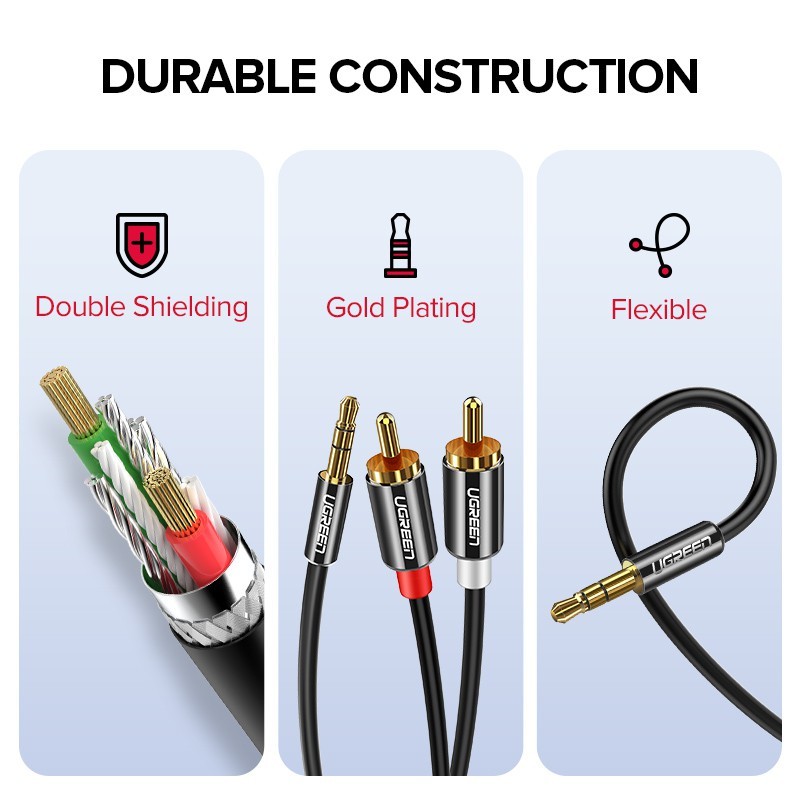 Dây Audio 3.5mm Ra 2 Đầu RCA  UGREEN 14K, Đầu mạ Vàng, Kết Nối Siêu Ổn Định, Bảo Hành 12 Tháng.