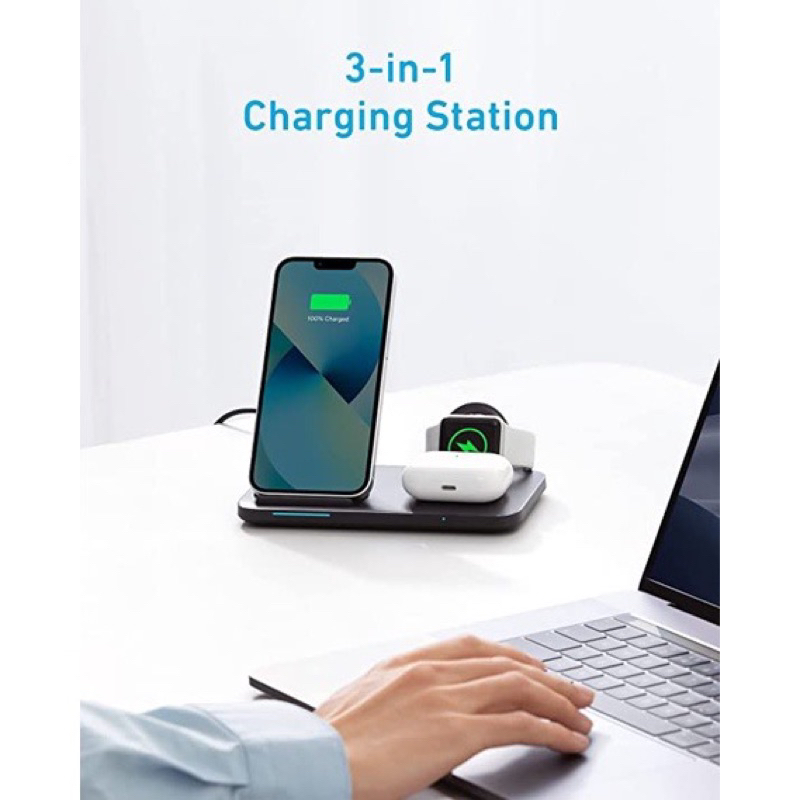 Đế sạc không dây Anker 3 trong 1 Foldable 3-in-1 Wireless Charging Station with Adapter - Hàng chính hãng nhập từ Mỹ