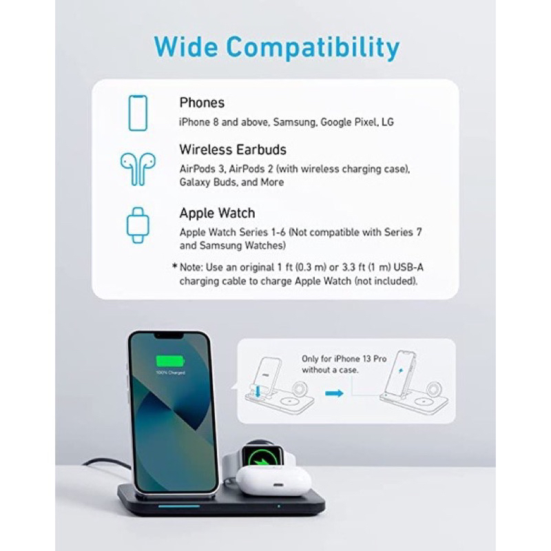 Đế sạc không dây Anker 3 trong 1 Foldable 3-in-1 Wireless Charging Station with Adapter - Hàng chính hãng nhập từ Mỹ