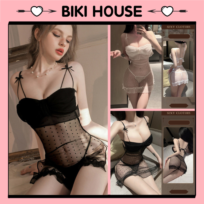 Váy ngủ sexy ren chấm bi xẻ tà dễ thương xuyên thấu gợi cảm đầm tiểu thư hở lưng tặng chip quyến rũ BIKI HOUSE N184
