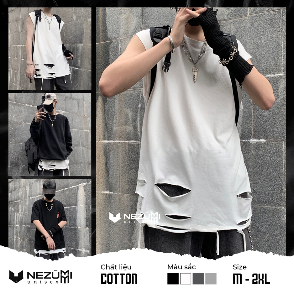 (Sẵn đen, xám) Áo tanktop 95% cotton rách gấu tạo layer đen trắng - Áo ba lỗ bóng rổ unisex nam nữ