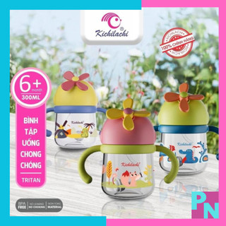 Bình nước cho bé bình tập uống chông chống bình nước có ống hút Kichi nhựa tritan 300ml không BPA uống hút chống sặc