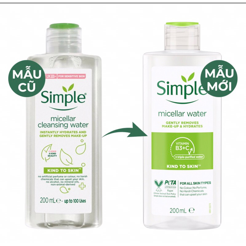 Nước tẩy trang Simple 200ml mẫu mới làm sạch da sau trang điểm phù hợp cho da nhạy cảm và mọi loại da