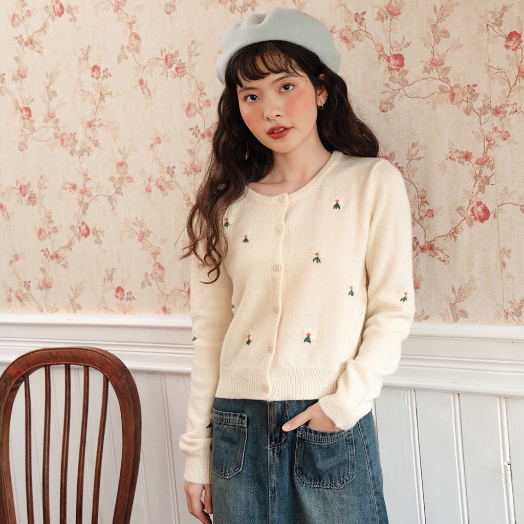 BLEUBIRD Áo khoác len thêu hoa cúc Margarita Cardigan