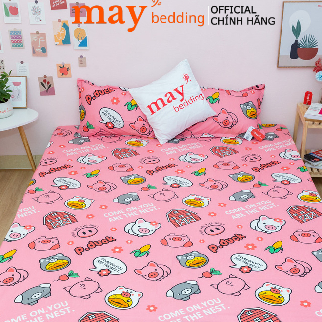 Bộ ga giường Maybedding poly cotton kèm 2 vỏ gối mẫu lợn hồng kích thước m2, m6, m8, 2m2