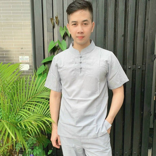 Đồ lam đi chùa nam - bộ 3 nút cổ tròn tay ngắn vải kate