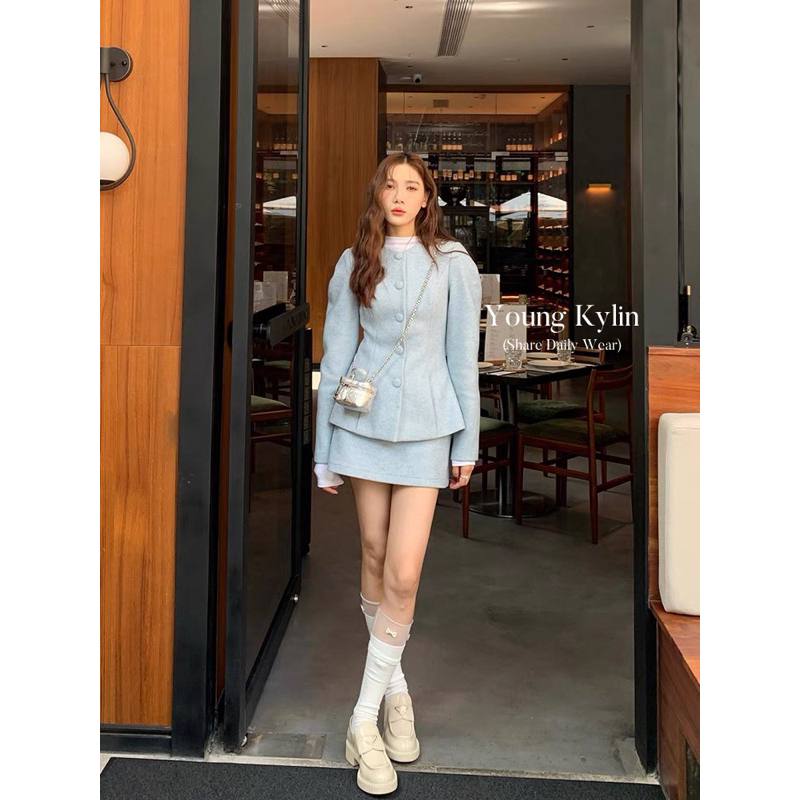 Set Dạ Màu Xanh Chiết Eo Sang Trọng Phong Cách Hàn Quốc Kèm Video Shop Quay 100%