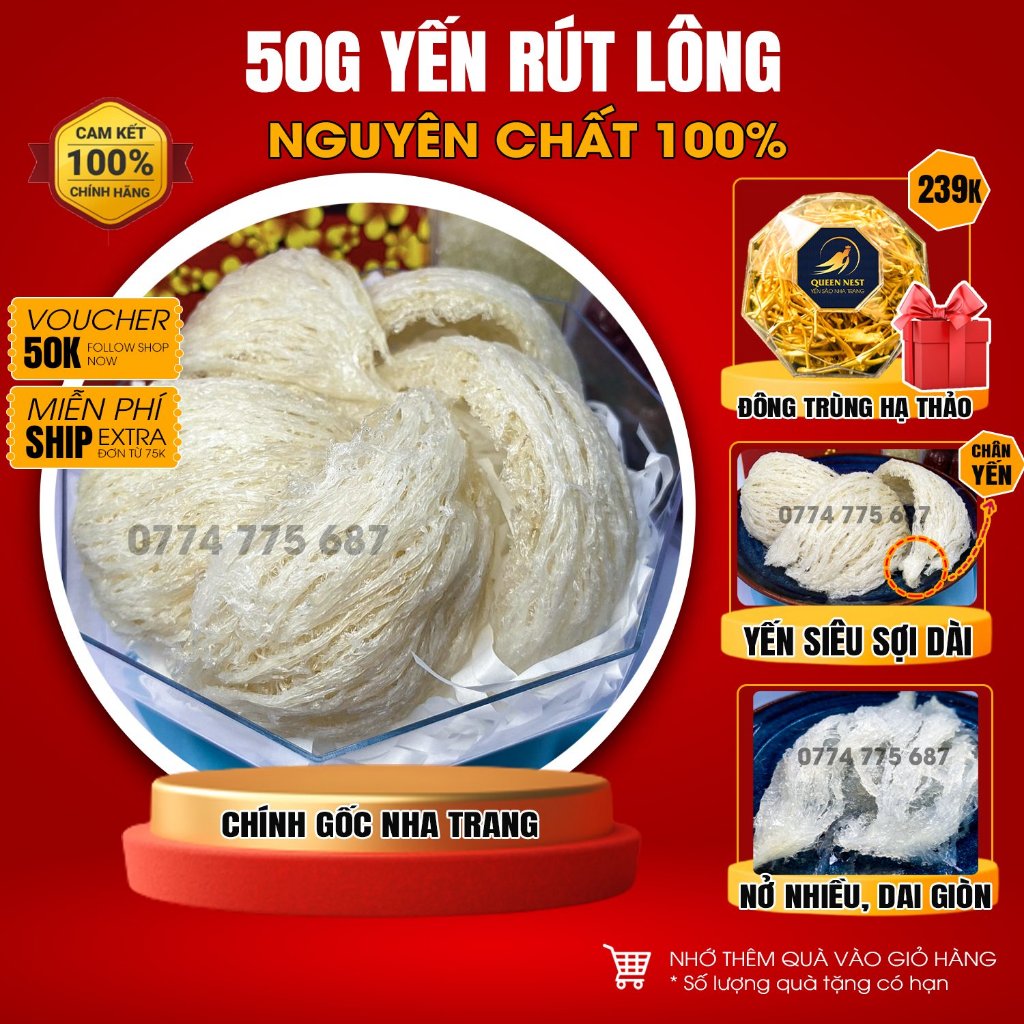 50g Yến Rút Lông SIÊU SỢI Nguyên Chất Nha Trang Queen Nest Tổ Yến Rút Lông Cao Cấp Nha Trang