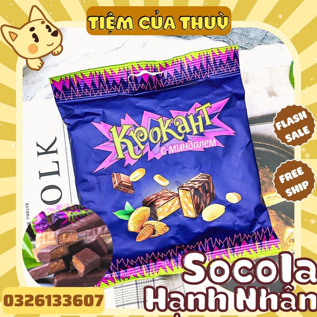 Kẹo Tím Socola Bọc Hạnh Nhân Krokaht Nga Gói 500G, Kẹo Nga Tím Hàng Chính Hãng