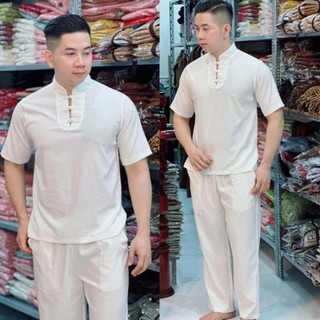 Đồ lam đi chùa # mẫu 3 nút nam màu trắng