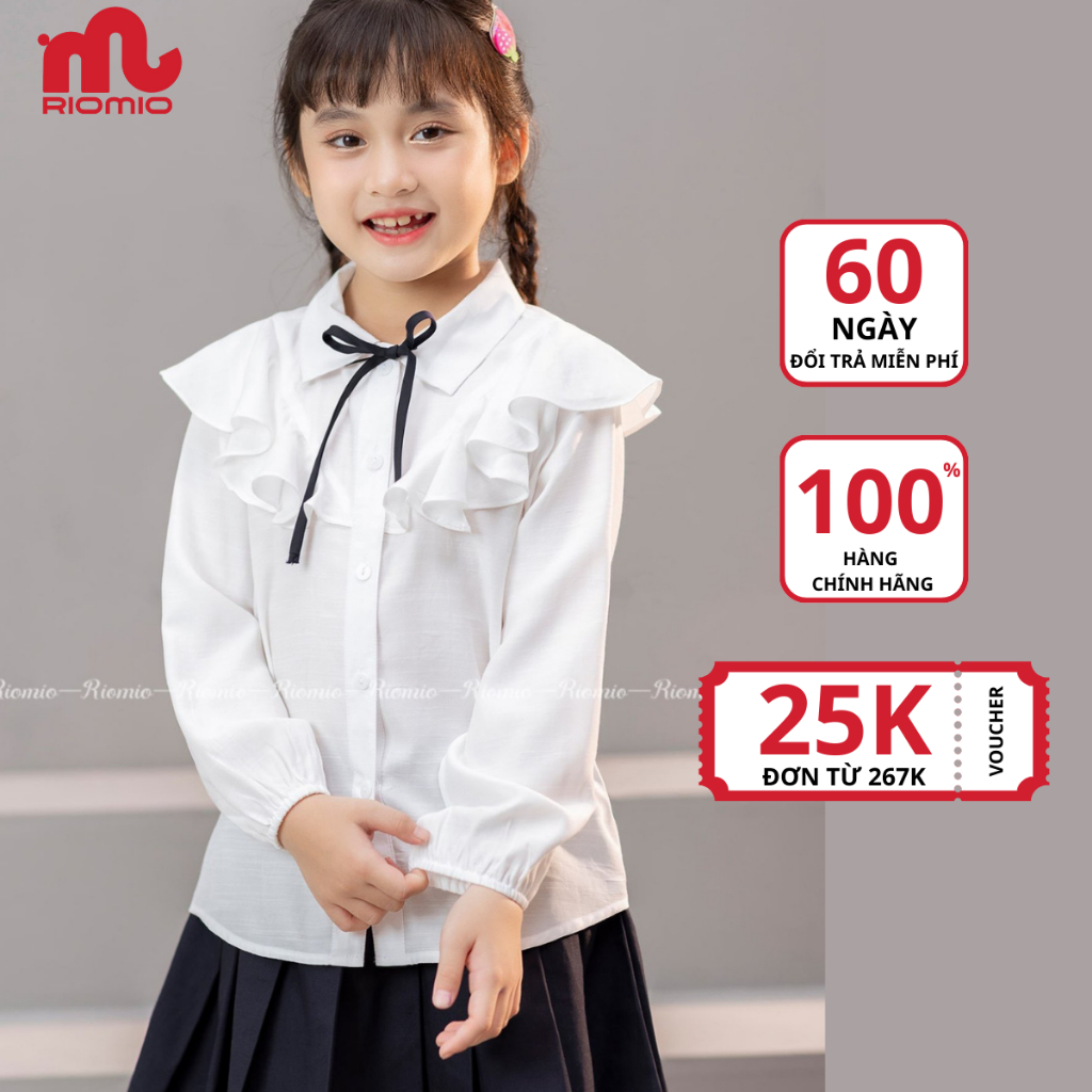 Áo sơ mi dài tay bé gái Riomio đi học size 21-40kg cổ bèo tiểu thư phối nơ xinh xắn, vải đũi 3M siêu mềm mát RA721