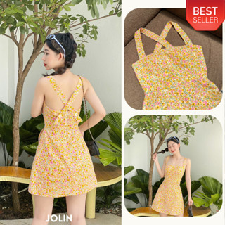 JOLIN ✿ MERY DRESS - Đầm ngắn 2 dây chéo lưng hoa nhí dáng xòe nhẹ màu cam hoa vàng