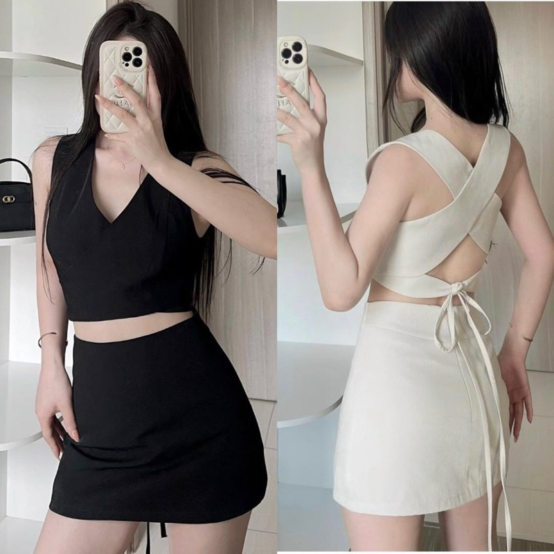 set áo crop ren dây + chân váy bèo