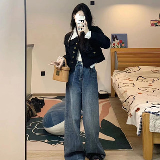 Áo Khoác Dạ Tweed Tay Dài Màu Đen Dày Dặn Thiết Kế Cổ V Phối Cúc Đồng Phong Cách Hàn Quốc Momome