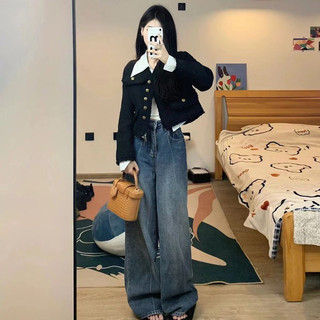 Áo Khoác Dạ Tweed Tay Dài Màu Đen Dày Dặn Thiết Kế Cổ V Phối Cúc Đồng Phong Cách Hàn Quốc Momome