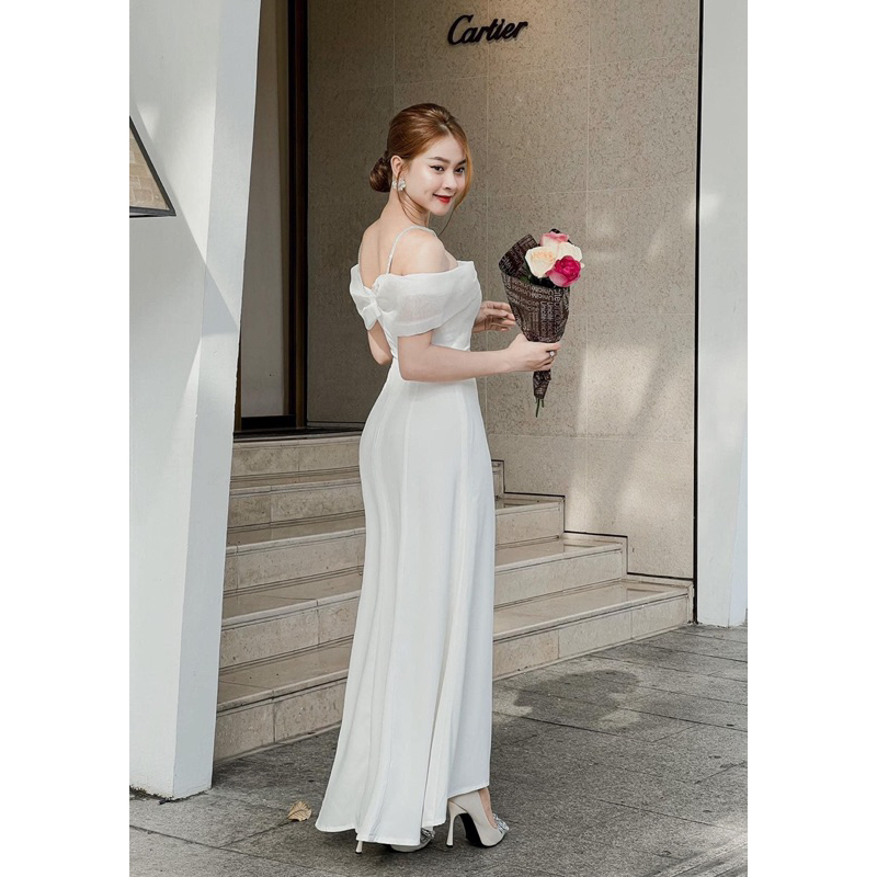 Váy trắng dự tiệc trễ vai cô dâu