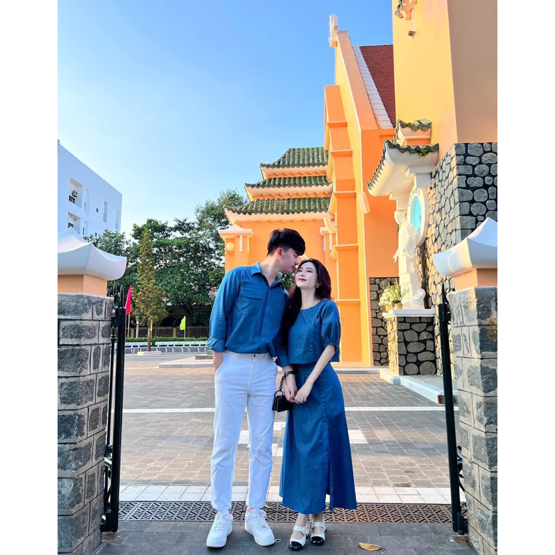 Set áo sơ mi xanh kèm chân váy blue ullzang