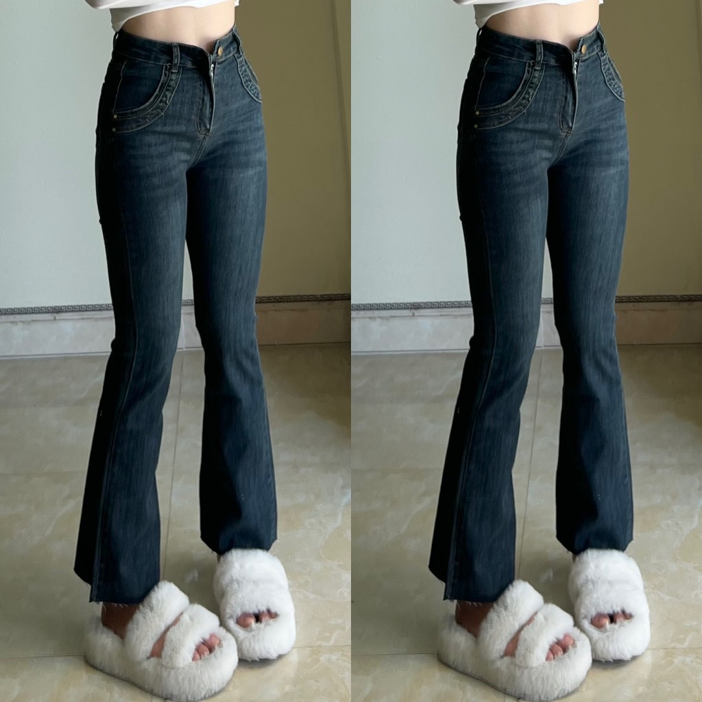 (Chất Đẹp ) Quần jeans ống loe xanh dậm Yến Tee,Thiết kế túi viền mới 2024