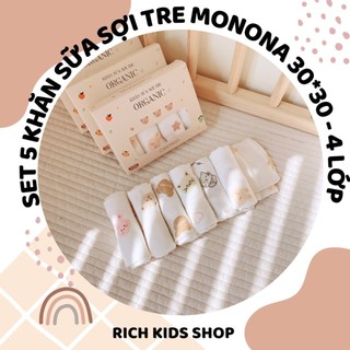 Set 5 khăn sữa sợi tre cho bé MONONA 30x30cm, chất liệu organic mềm mại, thấm hút, kháng khuẩn tốt cho bé