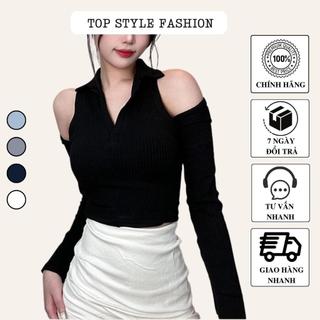 Áo croptop dài tay cổ trụ gài nút khoét hai bên vai gợi cảm, áo thun nữ ôm body siêu tôn dáng-ATD28
