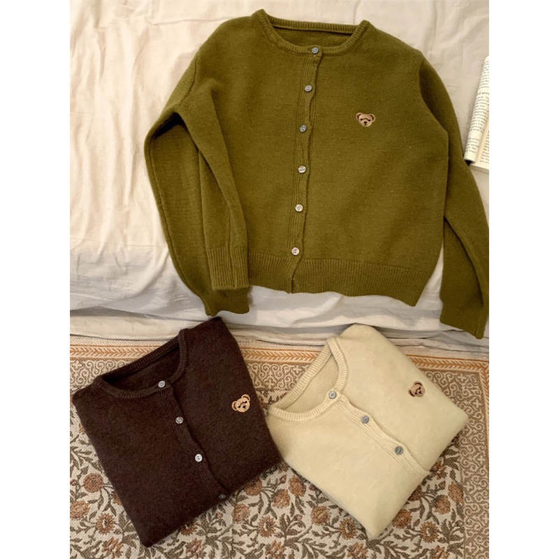 Áo Khoác Len Cadigan Thêu Hình Nấm / Gấu bear Cổ Tròn Basic Retro Phong Cách Hàn Quốc