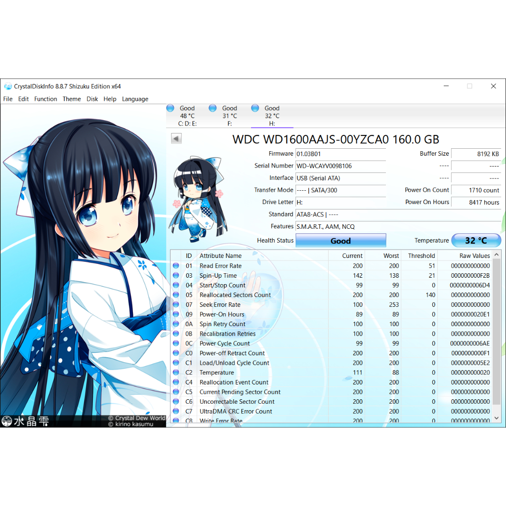 Ổ cứng HDD 160G Western Digital Blue Sức khỏe 100%