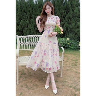 Đầm voan hoa dáng xòe tay phồng có lót mix mocking sau y hình