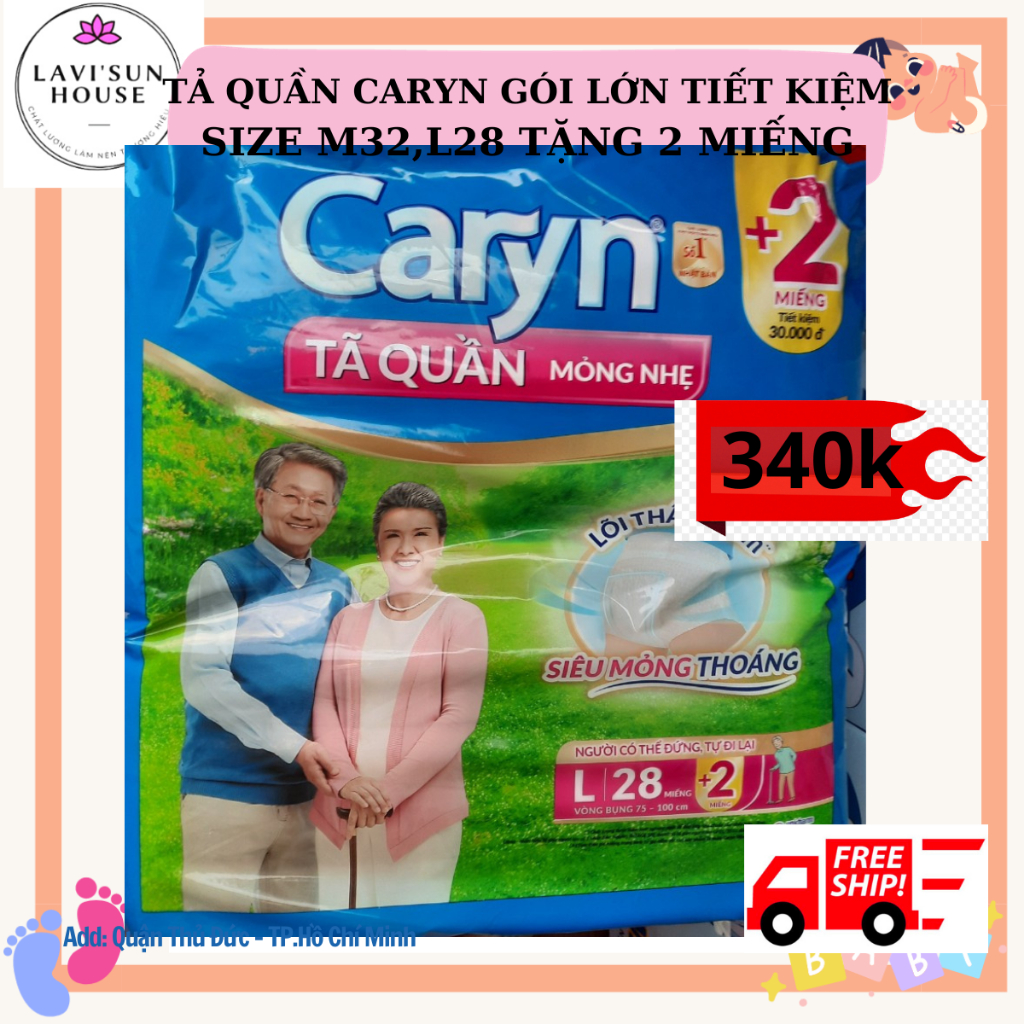 Tã quần caryn siêu mỏng gói lớn siêu tiết kiệm đủ size M32,L28 miếng tặng 2 miếng