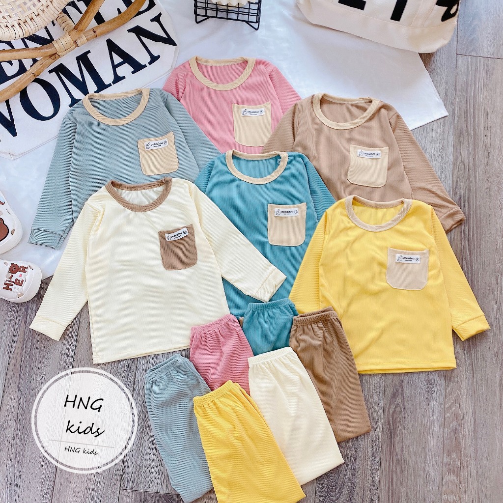 Bộ quần áo dài tay, thu đông, mặc điều hòa, chất thun tăm, phối túi, cho bé trai, bé gái – BD05