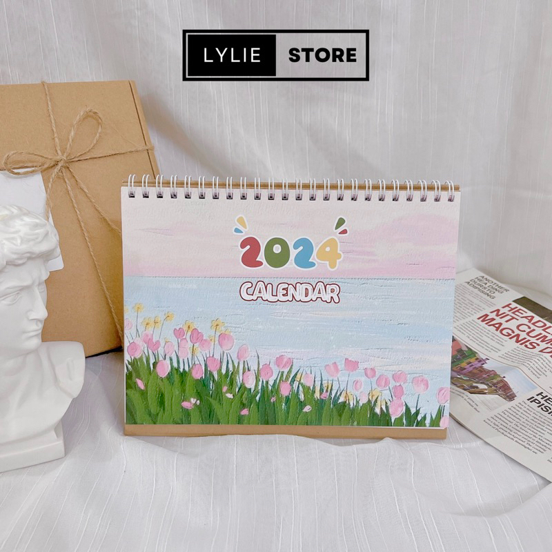 Lịch để bàn 2024 thiết kế cute có lịch âm và cô ghi chú, lịch lò xo note kế hoạc để bàn làm việc