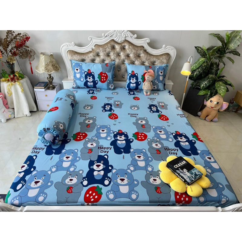 Bộ drap thun hàn quốc 4 món mẫu gấu dâu siêu hot