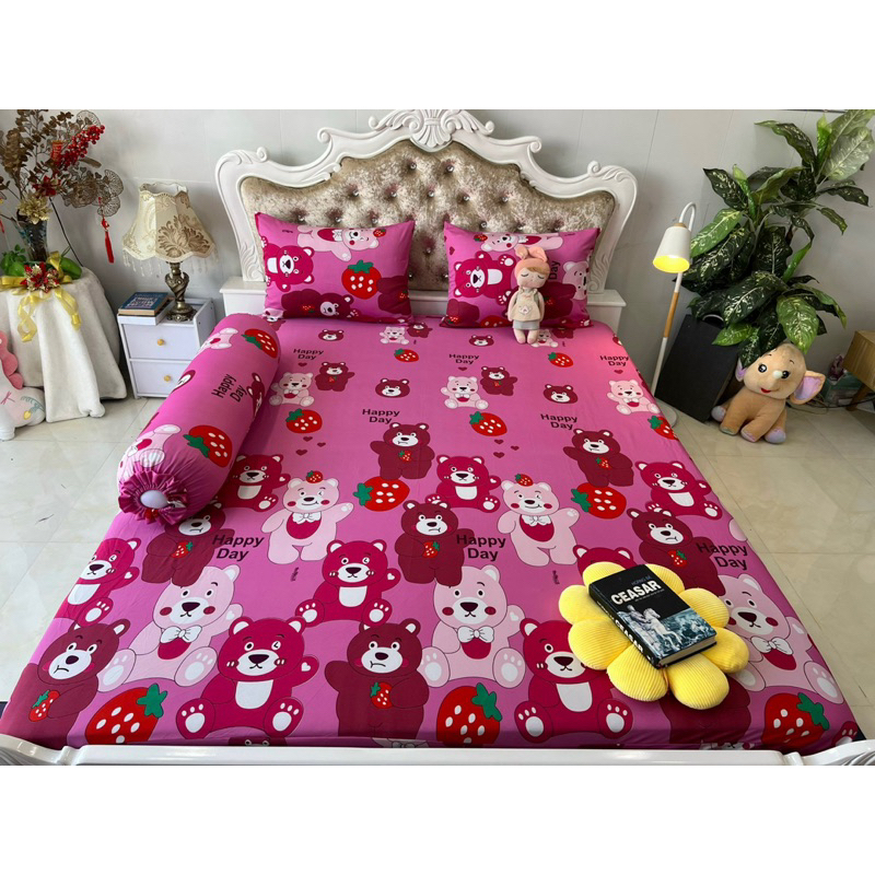 Bộ drap thun hàn quốc 4 món mẫu gấu dâu siêu hot