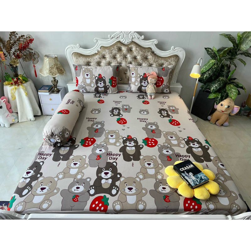 Bộ drap thun hàn quốc 4 món mẫu gấu dâu siêu hot