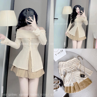 Set áo crop chữ rút + chân váy túi hộp 2m