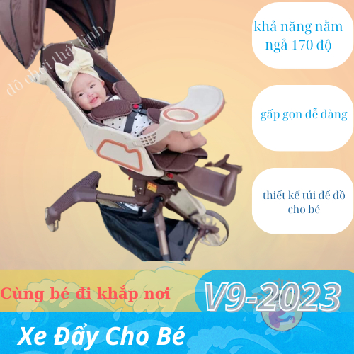 Xe đẩy gấp gọn V9 có mái che hình thú đáng yêu, có đèn và nhạc