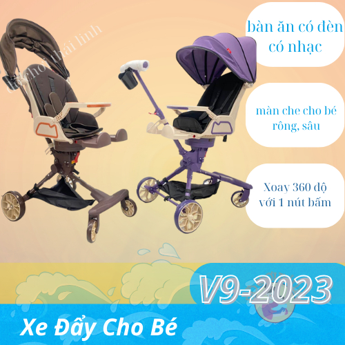 Xe đẩy gấp gọn V9 có mái che hình thú đáng yêu, có đèn và nhạc