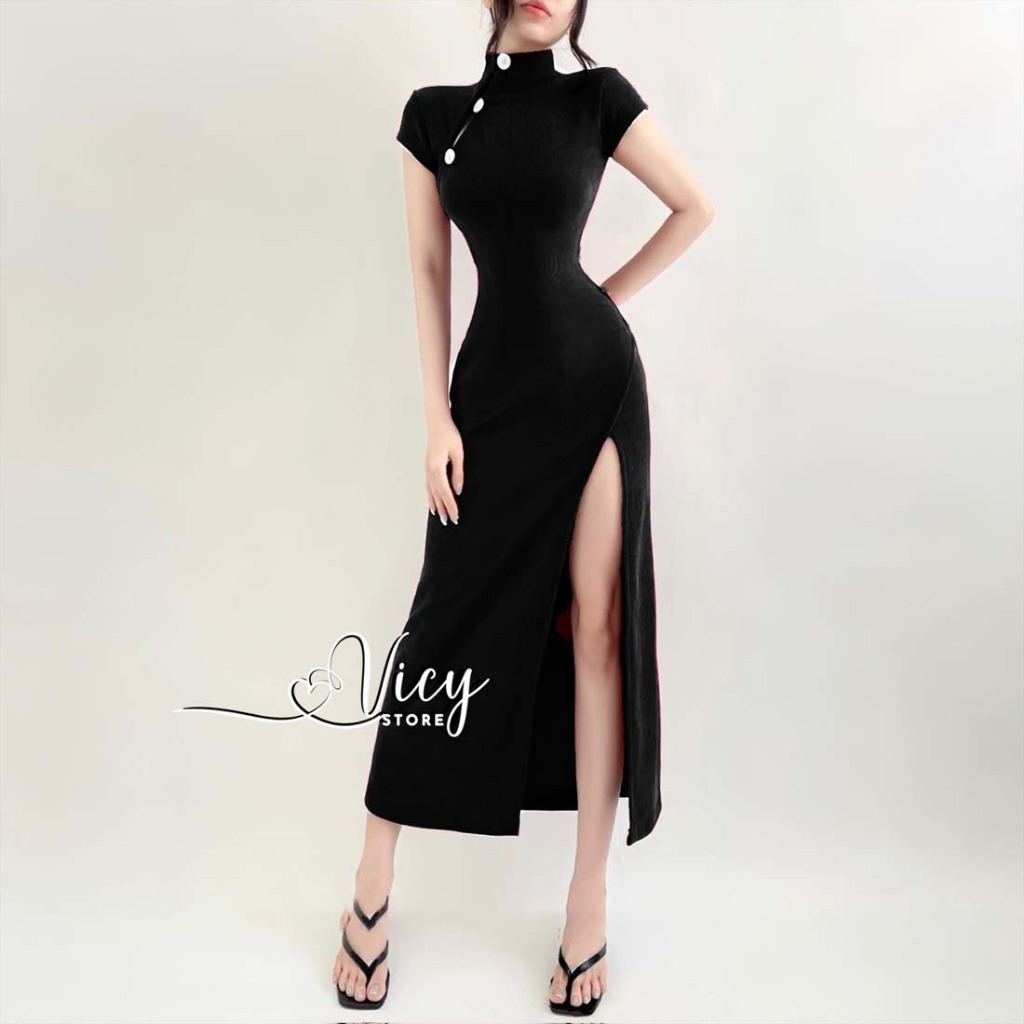 Đầm cổ tàu cách tân xẻ tà tôn dáng, váy body gợi cảm dáng dài sang chảnh đi tiệc đi chơi VICY CTAU01