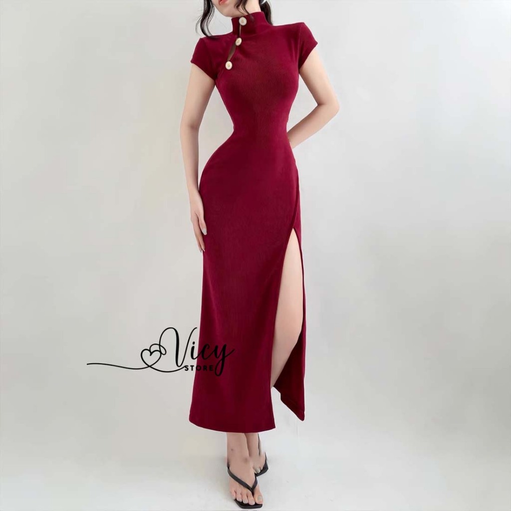 Đầm cổ tàu cách tân xẻ tà tôn dáng, váy body gợi cảm dáng dài sang chảnh đi tiệc đi chơi VICY CTAU01