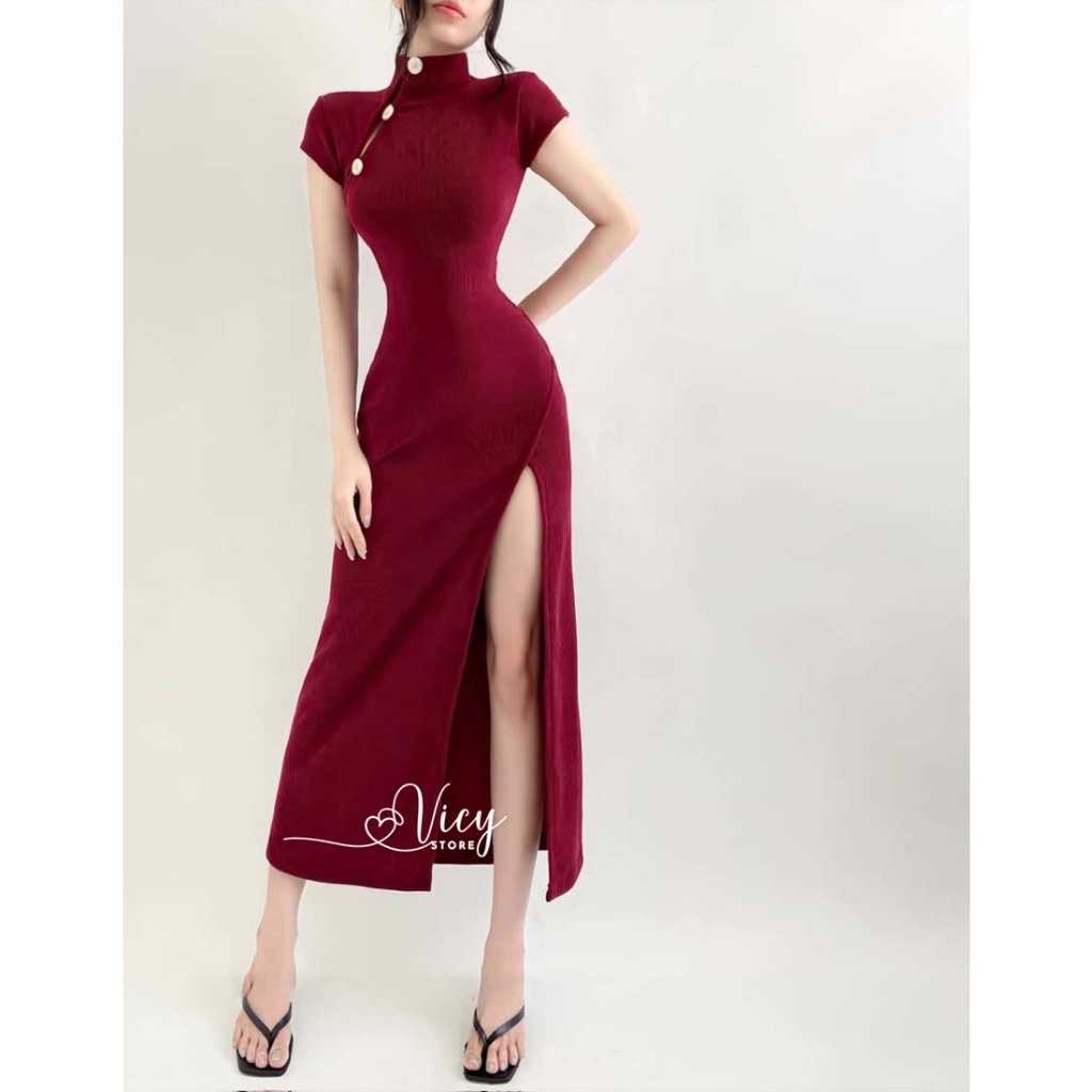 Đầm cổ tàu cách tân xẻ tà tôn dáng, váy body gợi cảm dáng dài sang chảnh đi tiệc đi chơi VICY CTAU01