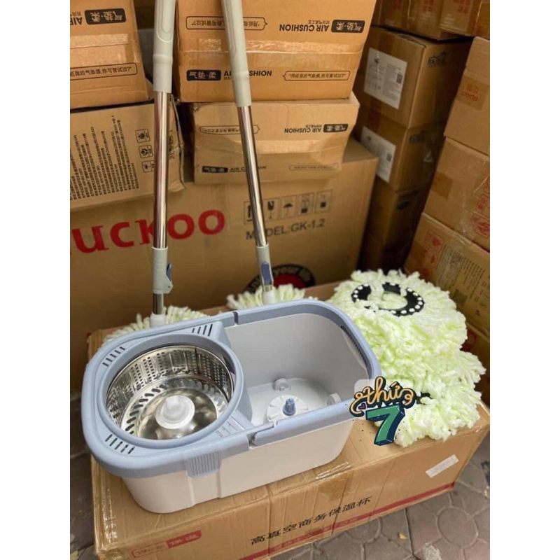 BỘ LAU NHÀ LỒNG XOAY INOX - kèm 1 thùng 2 cây lau 8 miếng dẻ lau