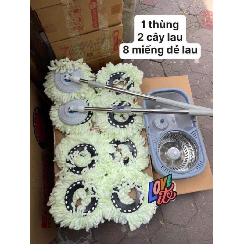 BỘ LAU NHÀ LỒNG XOAY INOX - kèm 1 thùng 2 cây lau 8 miếng dẻ lau