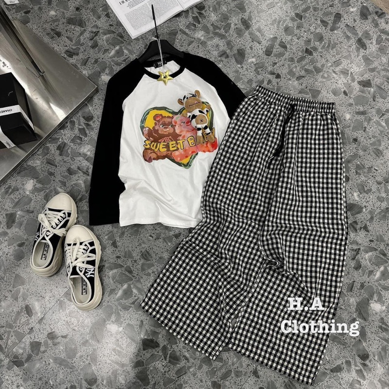 SET ÁO THUN BÒ SỮA + QUẦN KẺ CARO