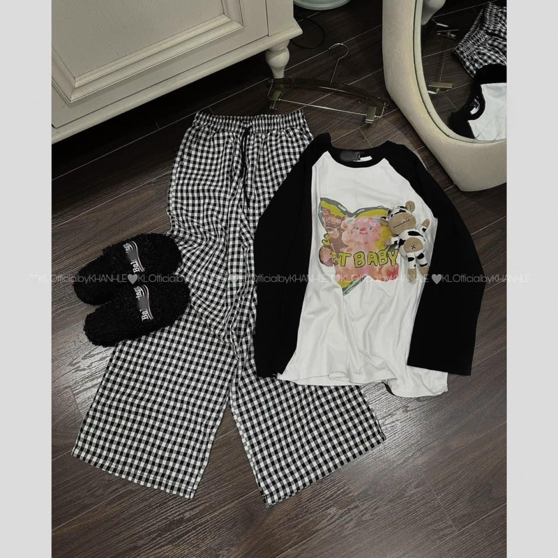 SET ÁO THUN BÒ SỮA + QUẦN KẺ CARO