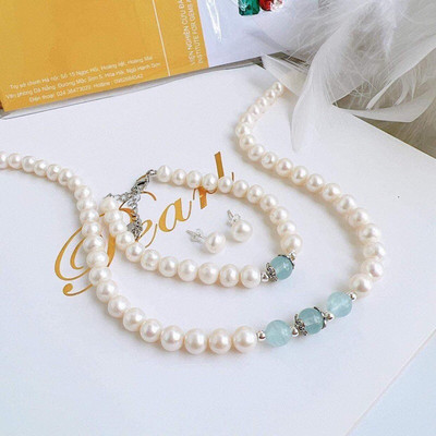 Bộ Trang Sức Ngọc Trai Khóa Bạc 925 Mix Đá Xanh Aquamarine - Ngọc Trai Trường Thịnh