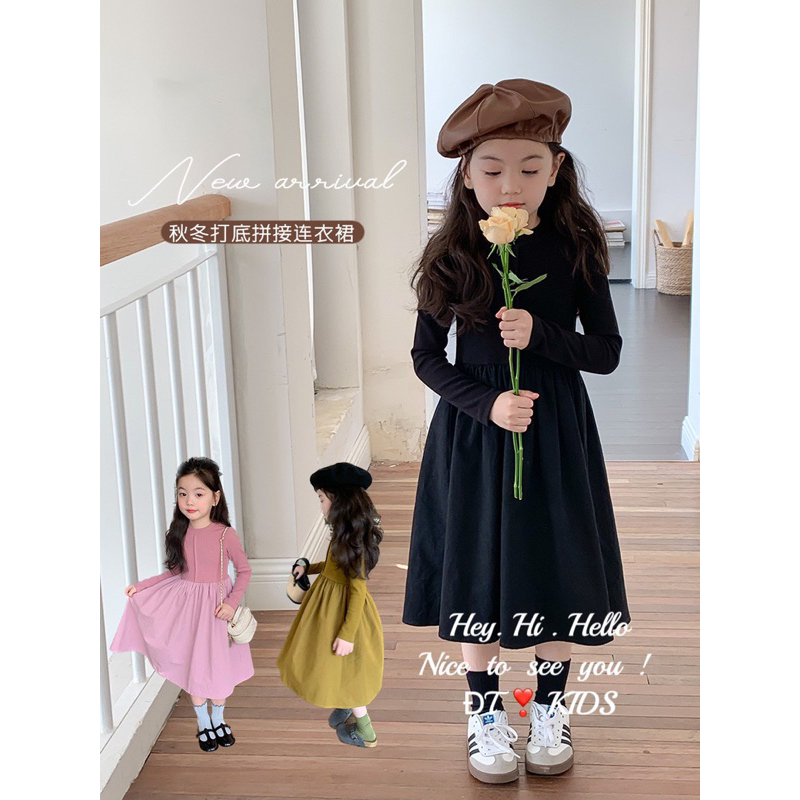 Váy đầm gân giữa dài tay cho bé gái